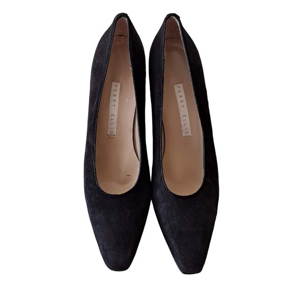 Perry Ellis Black Suede Leather Shoes Upper Almond Toe Pump Heel - Size 8.5AA - Picture 1 of 13